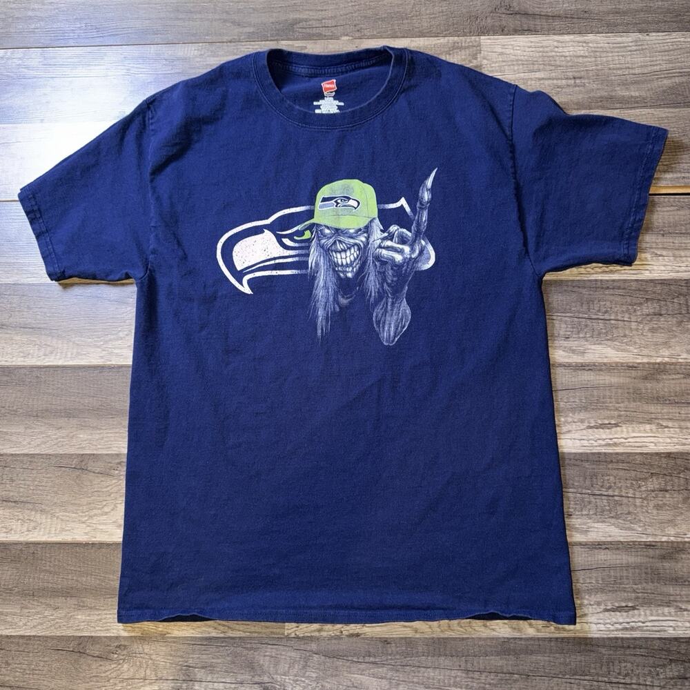 Seattle Seahawks Skull Skeleton Graphic T Shirt Large Navy Blue NFL Fan Tee Rare